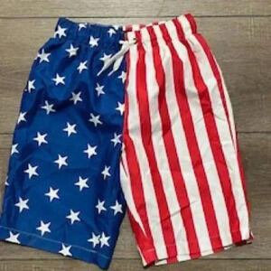 Patriotic Stars & Stripes boys med 10/12 lined Swim trunks board shorts red EUC